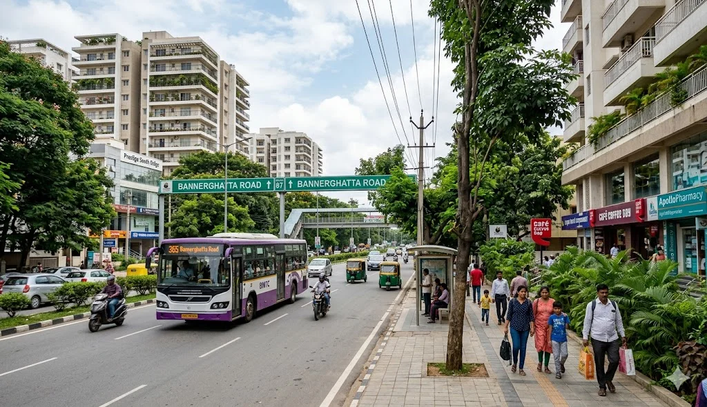 A view of premium residential apartment complexes and green spaces along Bannerghatta Main Road in South Bangalore.
